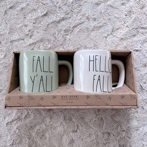 Rae Dunn 2 Mug Set- ‘Hello Fall / Fall Y’all’ (Green-White)